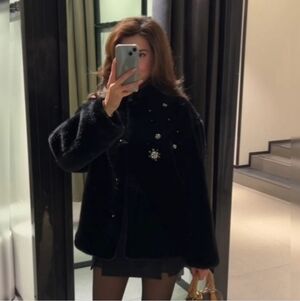 Zara Coat Jewel Faux Fur Black NWT